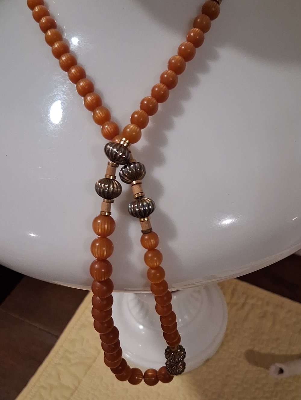 Women's Amber Bead Necklace with Decorative Metal Accents ANNE KLEIN